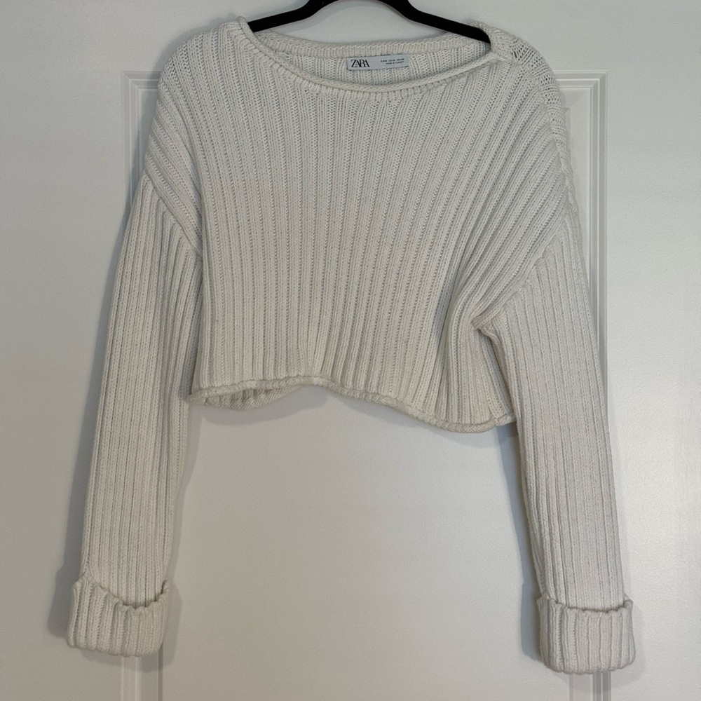 Zara Cream Ribbed Cropped Sweater